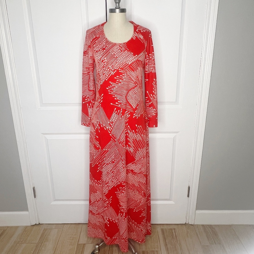 1970s Halston for U.S. Olympic Team Red Graphic Maxi Dress Vintage White